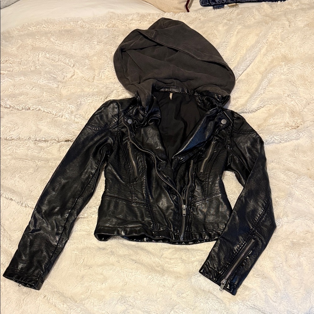 Free People  Leather look Jacket with removable jersey Hood